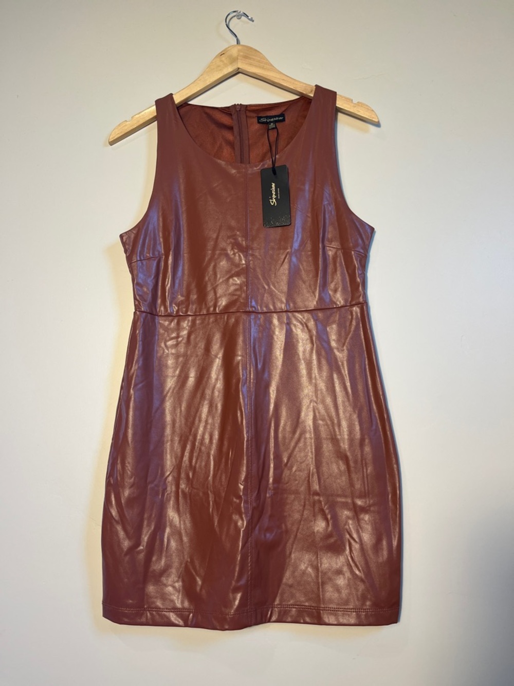 Shinestar Sleeveless Faux Leather Mini Dress in Wine